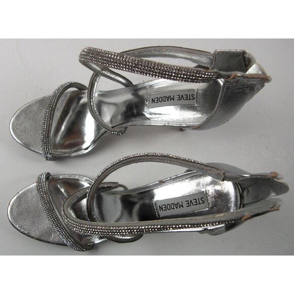 Steve Madden Rhinestone Silver Size 11 Heels Sandals Open Toe Dressy Shoes - Picture 6 of 12